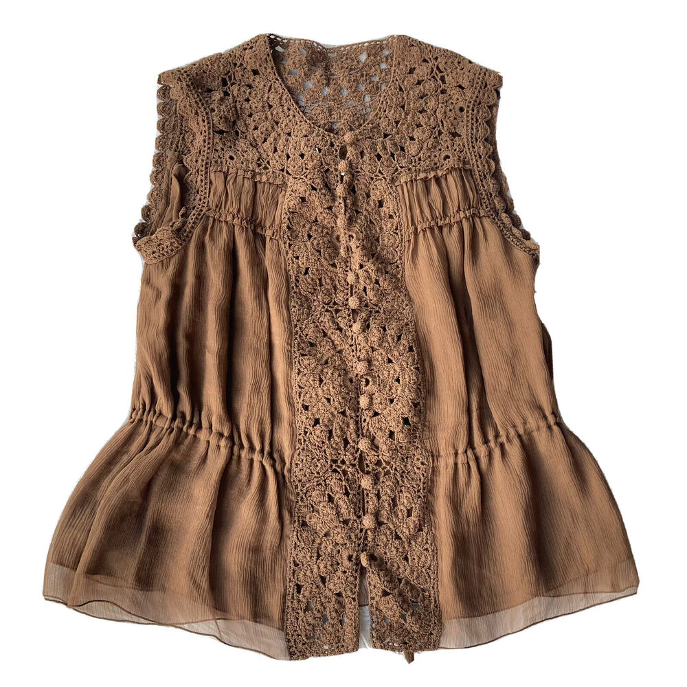Maxazria Collection Top Sz XS Brown Crochet Silk Blend Tank Waist Tie Fun Womens